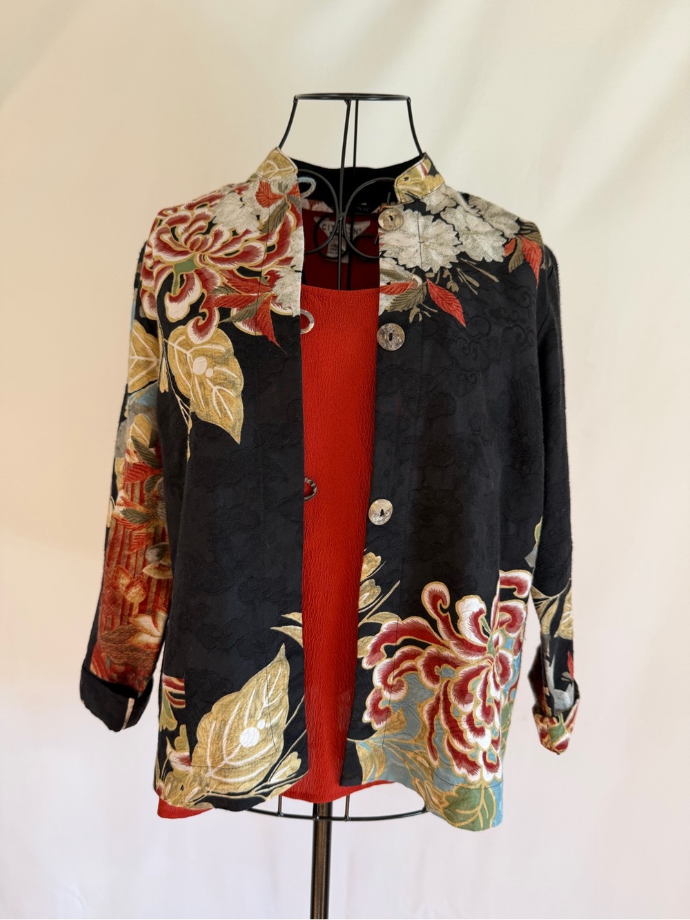Bundle: Citron Black Floral Embroidered Jacket with Red Accents & Matching Tank